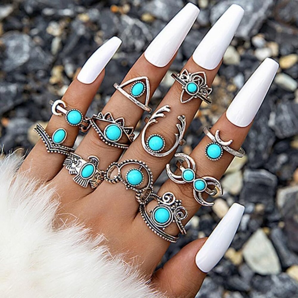 46PCS Silver Bohemian Jewelry Sets With 6pcs Turquoise Necklace,12 pairs Dangle - Picture 7 of 8